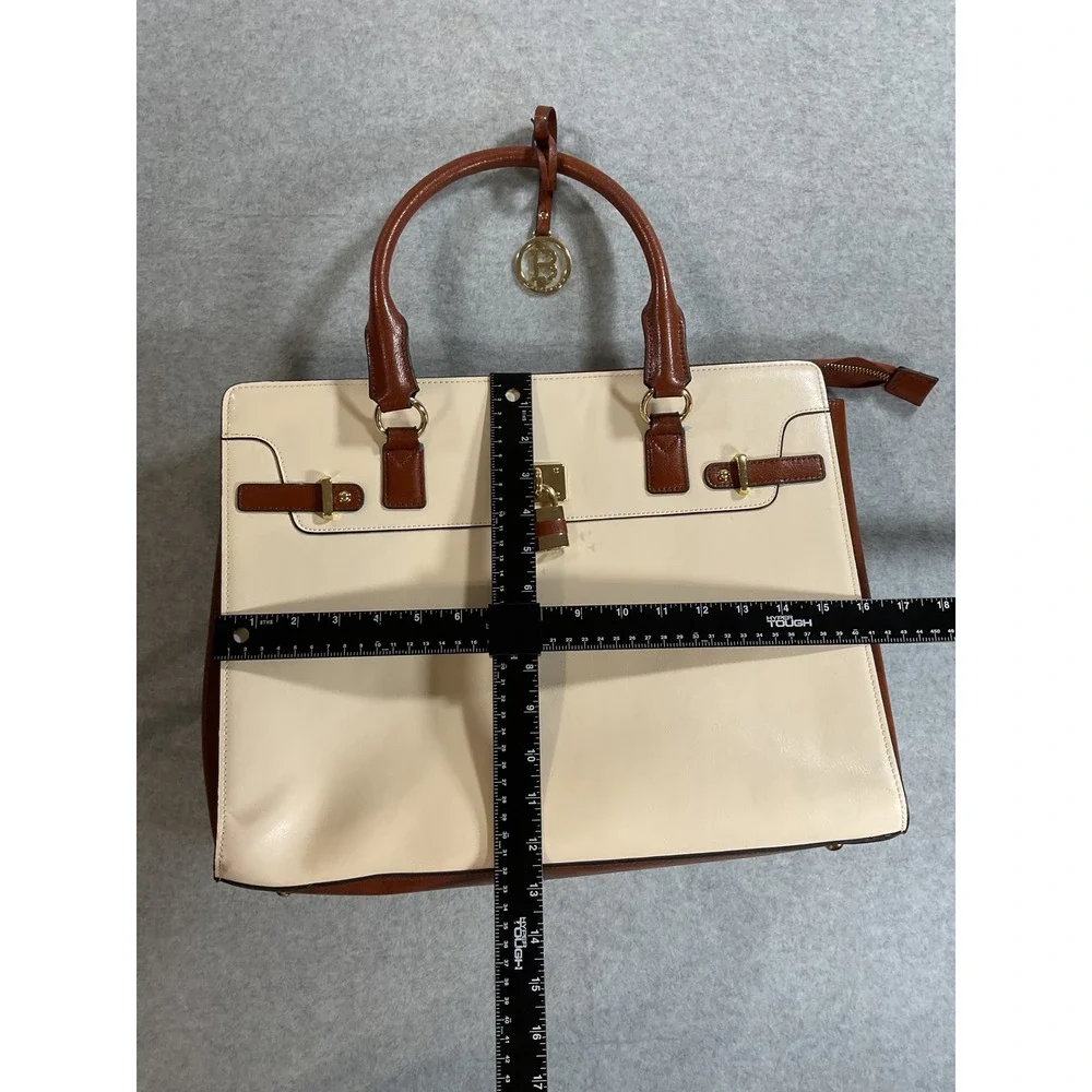 Bostanten White Brown Leather Briefcase Tote Laptop Zip Top Bag